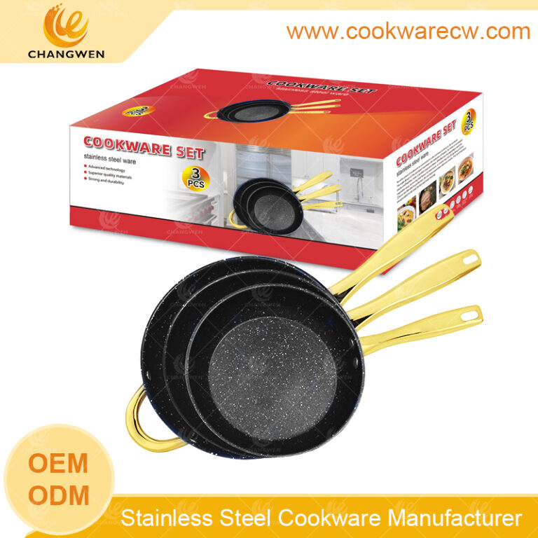 Venda quente 3pcs de aço inoxidável antiaderente fritadeira conjunto de alças banhadas a ouro preto revestimento cookware CW52016-3