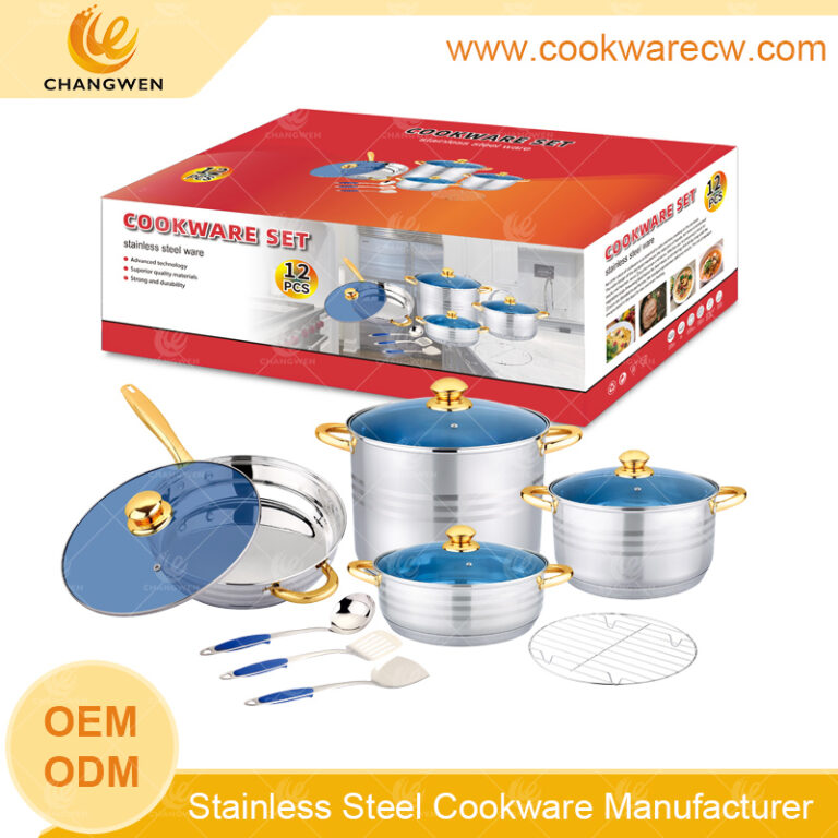 Popular aço inoxidável 12pcs cookware set potes e panelas panela de fritura caçarola com ferramentas de utensílios de cozinha e reack de arame CW52002-12N4