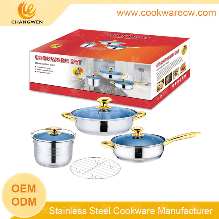 Cozinha de aço inoxidável 7pcs cookware fogão de arroz com cápsula de fundo frypan com ajudante banhado a ouro alça oca e rack de fio de vidro azul CW52002-7