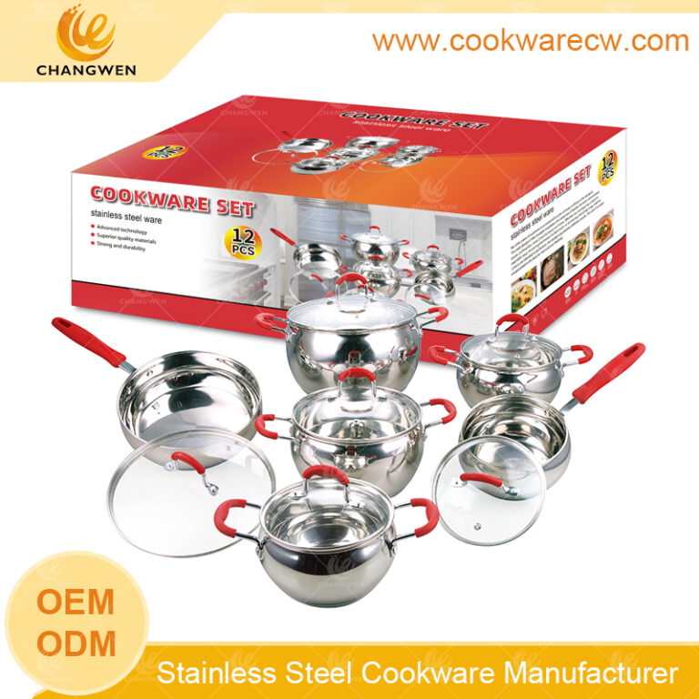 Venda quente de aço inoxidável em forma de maçã cookware conjunto de tampa de silicone vermelho tampa de vidro espelho polido panelas de cozinha e panelas CW52011-12